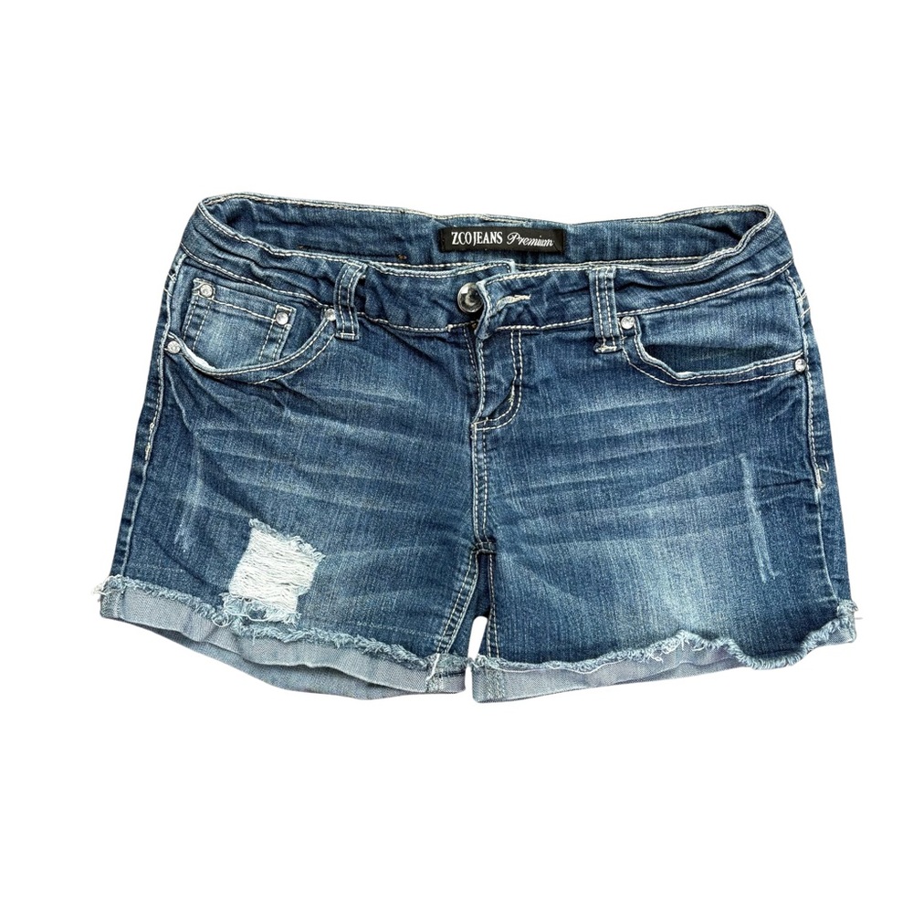 Women's Blue Denim Shorts with Bling and Distress Short Summer Cowgirl Coastal